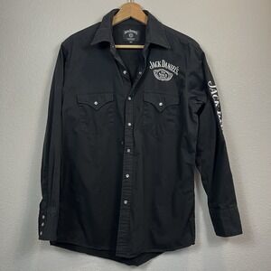Jack Daniels Pearl Snap Shirt Mens M Black Embroidered Western Spell Out Rodeo